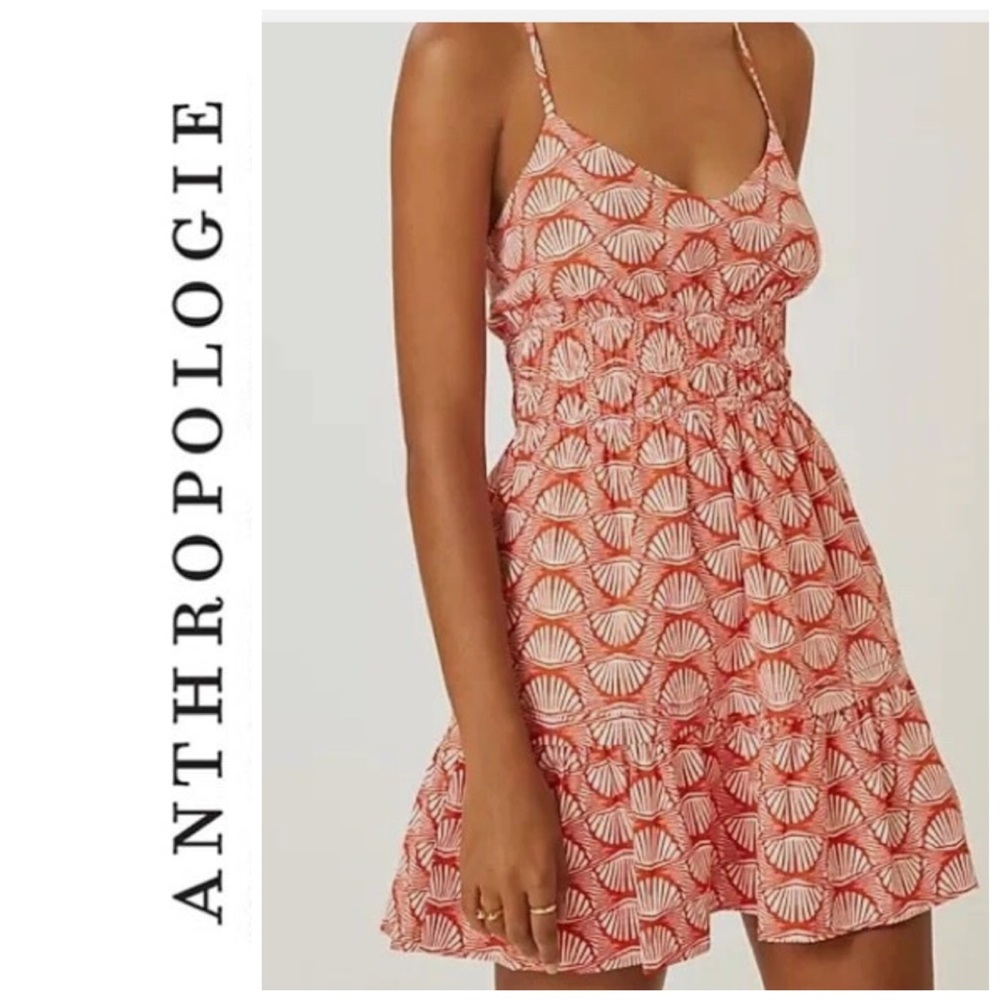 Anthropologie Coral and Cream Printed Mini Dress